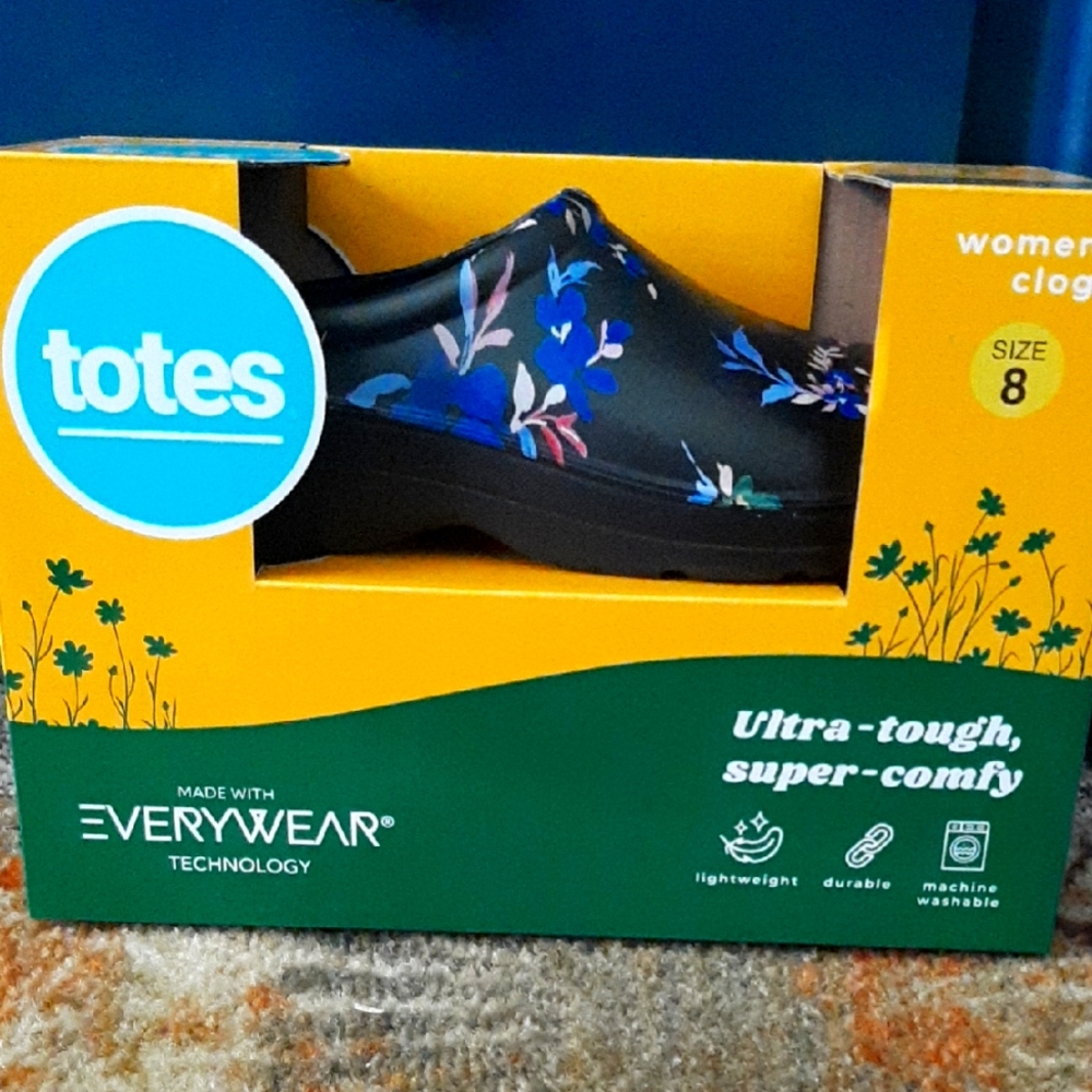 Totes Women's Black Clogs with Blue Floral Design